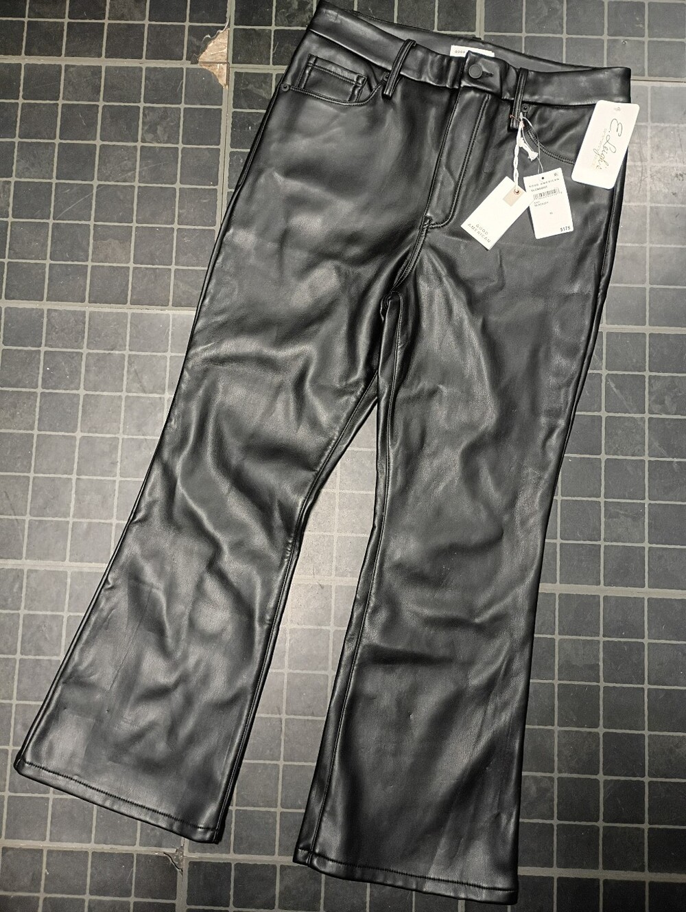 Good American Black Faux Leather Pants with Waist Label